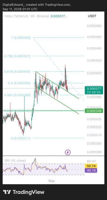 A TradingView 4-hour candlestick chart for Holo/TetherUS (HOT/USDT) on Binance shows the price at 0.000377 USDT, with Fibonacci retracement levels drawn between 0 (0.000311) and 1 (0.000459), and an RSI(14) reading of 50.74/46.19 indicating neutral momentum around mid-September 2026. The chart suggests $HOT is consolidating within a descending channel after a strong rally, with key support near 0.000346.
