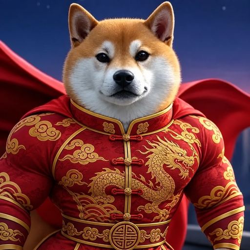 A 3D illustration of a Shiba Inu dog wearing an ornate red and gold traditional Chinese-style garment with dragon embroidery and a flowing red cape.