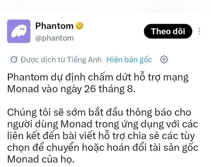 A Twitter/X screenshot from verified account @phantom, with Vietnamese text announcing Phantom plans to end support for the Monad network on August 26, with a 'Theo dõi' (Follow) button visible.