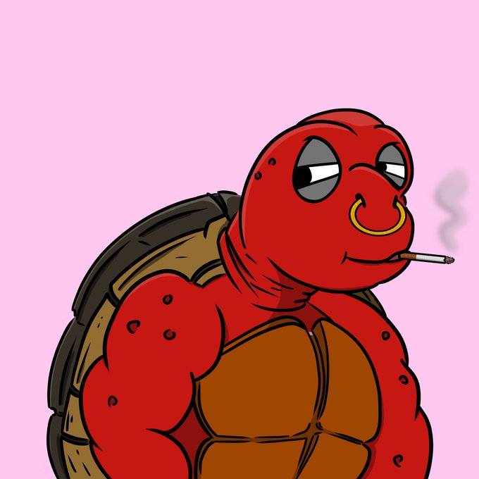 A cartoon-style illustration of a red, humanoid turtle character with a muscular build, smoking a cigarette, wearing a yellow nose ring, and set against a pink background.