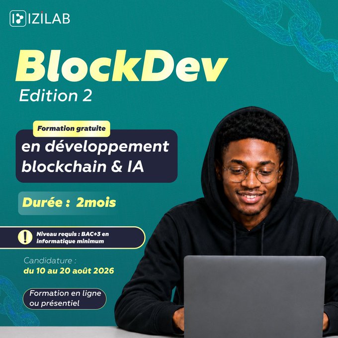 A promotional graphic for 'IZILAB BlockDev Edition 2' advertising a free 2-month training program in blockchain and AI development, with applications open August 10-20, 2026, featuring a young man working on a laptop.