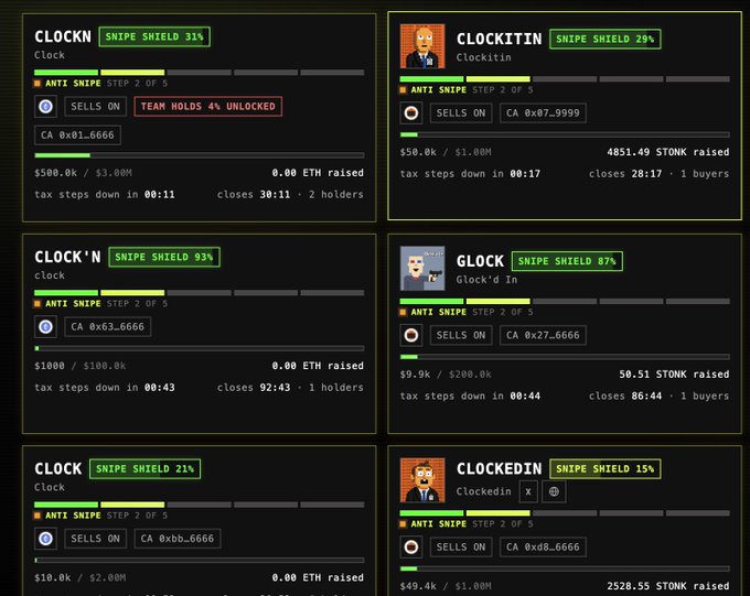 A dashboard showing six variations of fake "$CLOCK" token deployments (CLOCKN, CLOCKITIN, GLOCK, GLOCK'D IN, CLOCK, and CLOCKEDIN) with their respective contract addresses (e.g., 0x01...6666, 0x07...9999), ETH/STONK raised amounts ranging from 0.00 ETH to 4851.49 STONK, and sniper shield percentages between 15-93%, illustrating the numerous counterfeit tokens meant to deceive buyers ahead of the verified $CLOCKIN launch.