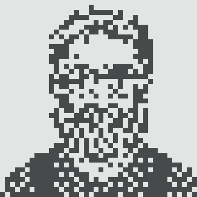 A black and white pixel art portrait of a person's face and shoulders.