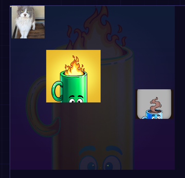 A green mug with googly eyes and a face engulfed in flames appears prominently in the center, with a smaller version of the same mug shown on the right and a photo of a white dog in the top left, fitting a post about VeChain ($VET) and the VeBetterDAO community promoting the "VVall" project.