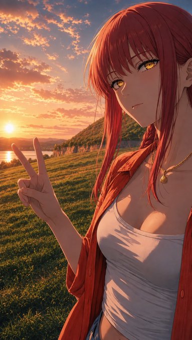 An anime-style illustration of a red-haired girl with golden eyes wearing an orange shirt over a white top, making a peace sign while standing in a grassy field during a scenic sunset.