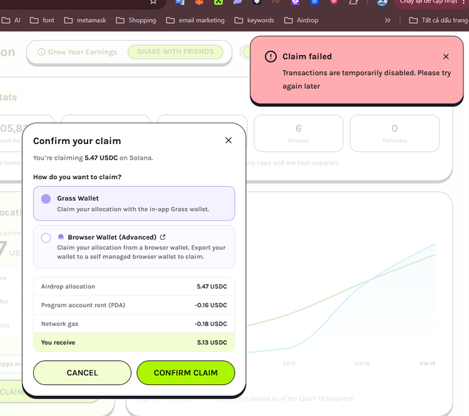 A screenshot of a cryptocurrency airdrop claim page showing 5.47 USDC on Solana with a 'Claim failed - Transactions are temporarily disabled' error notification.