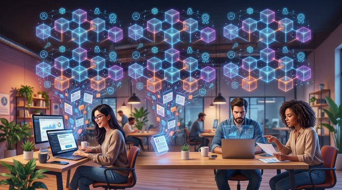 A digital illustration depicting three people working on laptops at desks in a modern office, with glowing holographic cubes containing user and security icons floating above them.