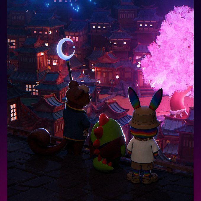 The image features three cartoon animals, including a bear, a rabbit, and a dragon, standing together at night with their eyes closed as if they are sleeping or taking a nap. The scene takes place in front of an Asian village that has traditional buildings illuminated by lights, creating a warm and cozy atmosphere. The caption for the image reads: "Focus on what is in the image and how it relates to the post".