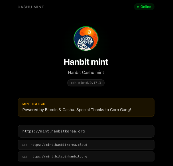 A webpage for 'Hanbit mint' (Hanbit Cashu mint) under 'CASHU MINT' showing it as Online, powered by Bitcoin & Cashu, with URLs including https://mint.hanbitkorea.org.