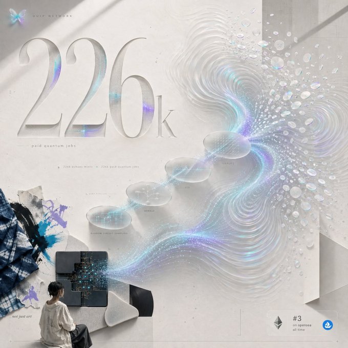 A pale, iridescent futuristic poster reads “226K paid quantum jobs,” with small “250+ qubits available” and “256K paid quantum jobs” text, plus “our last art” near a seated figure and “#3 on opensea all time” at bottom right.