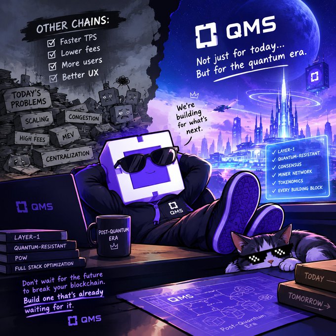 A promotional graphic for 'QMS' featuring a purple cube mascot in sunglasses alongside a cat, highlighting features like Layer-1, quantum-resistance, and lower fees.