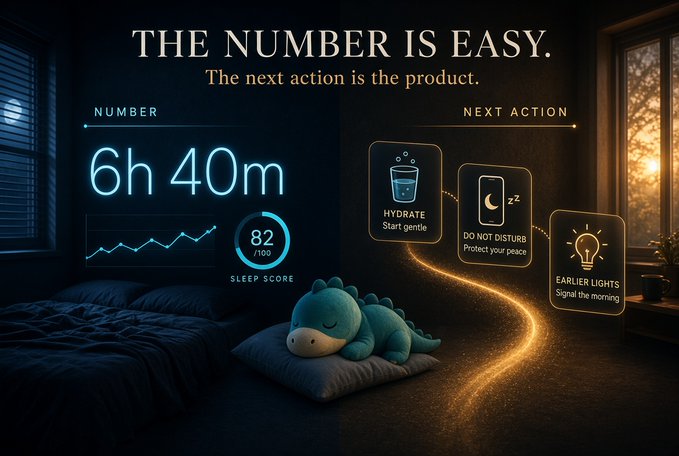 An infographic with the text 'THE NUMBER IS EASY. The next action is the product.' displays a sleep tracker showing '6h 40m' and a Sleep Score of 82/100, alongside suggested next actions: HYDRATE (Start gentle), DO NOT DISTURB (Protect your peace), and EARLIER LIGHTS (Signal the morning), with a sleeping plush character on a pillow.