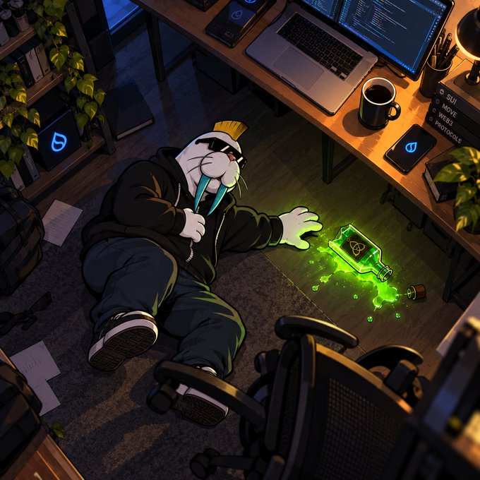 An animated character with a mohawk lies on the floor next to a glowing green potion bottle with a skull symbol, surrounded by tech equipment and laptops.