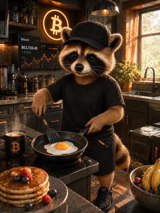 An AI-generated image of an anthropomorphic raccoon wearing a black cap and t-shirt, cooking an egg in a kitchen, with a Bitcoin logo neon sign and a screen showing 'Bitcoin $63,728.45 +2.54%' in the background.