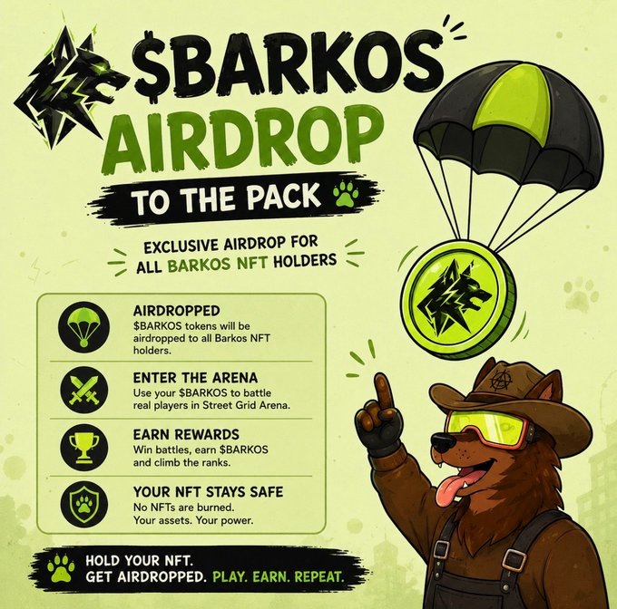 A vibrant green promotional graphic for the "$BARKOS AIRDROP TO THE PACK" campaign, featuring a cartoon dog wearing a hat and sunglasses alongside a parachute-delivered token, with bullet points explaining that $BARKOS tokens will be airdropped to all Barkos NFT holders for use in the Street Grid Arena battle game—emphasizing that no NFTs are burned and assets remain safe, reinforcing the message to "HOLD YOUR NFT, GET AIRDROPPED. PLAY. EARN. REPEAT."