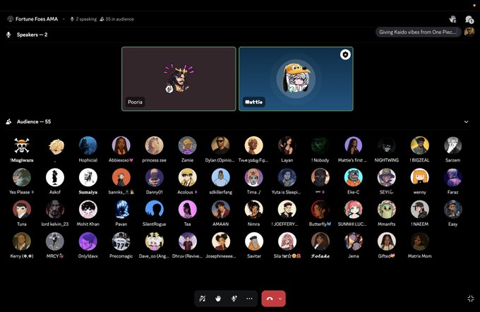 Screenshot of a Twitter/X Spaces AMA session featuring Fortune Foes AMA with 2 speakers (Pooria and Mattie) and 55 audience members, where one speaker displays a bull avatar while the other shows a character labeled "Giving Kaido vibes from One Piece..." in the upper right corner.