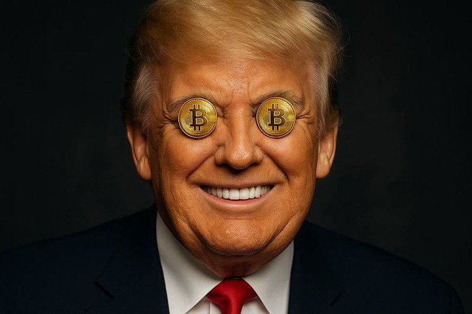 A digitally manipulated portrait of Donald Trump smiling, with two gold Bitcoin coins edited over his eyes, set against a dark background.
