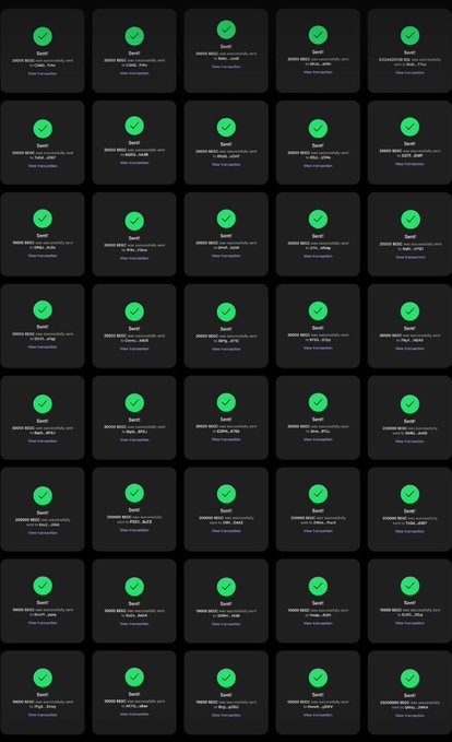 A repeating grid of transaction success notifications on a dark background, each showing a green checkmark with the message "20000 BIXB sent successfully and sent to... View transaction".