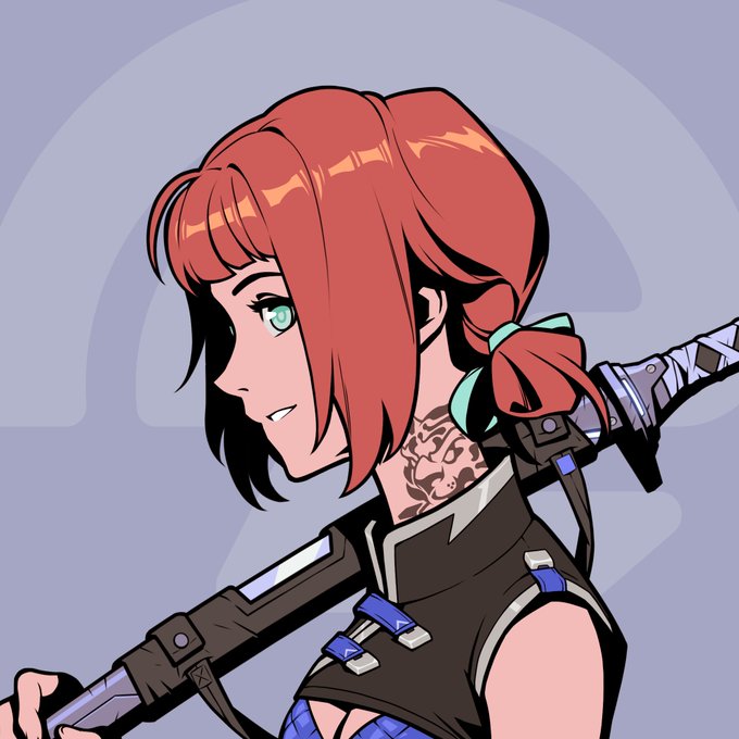 An anime-style illustration of a red-haired female character with green eyes, wearing a dark top and carrying a large sword on her back against a purple background.