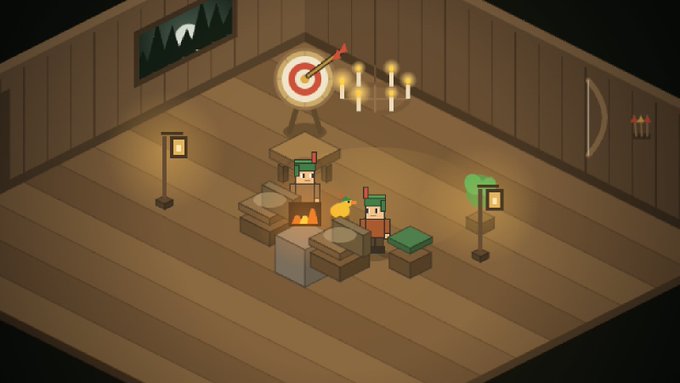 An isometric pixel art scene of a wooden cabin interior featuring two blocky characters near a fire, a target with an arrow on the back wall, lit candles, and a window showing mountains.