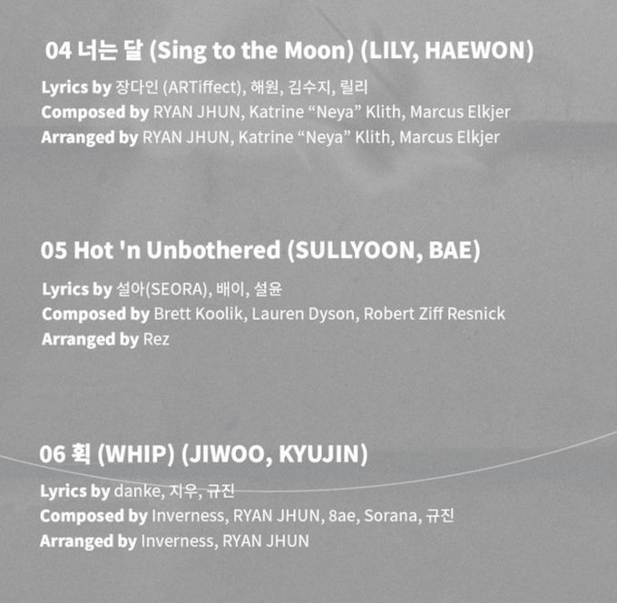 Album liner notes showing the credits for tracks 04-06: "너는 달 (Sing to the Moon)" by LILY and HAEWON, "Hot 'n Unbothered" by SULLYOON and BAE, and "휩 (WHIP)" by JIWOO and KYUJIN, detailing their respective lyricists, composers, and arrangers. The image confirms the duo unit songs mentioned in the accompanying post about MIXXTOPIA.