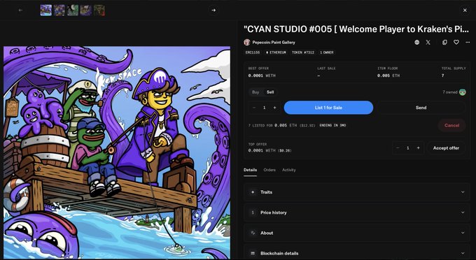 A digital interface for the "CYAN STUDIO #005" collection titled "Welcome Player to Kraken's Pi..." displays a pixel art pirate on a ship alongside NFT trading options for an item called "Popecoin Paint Gallery".