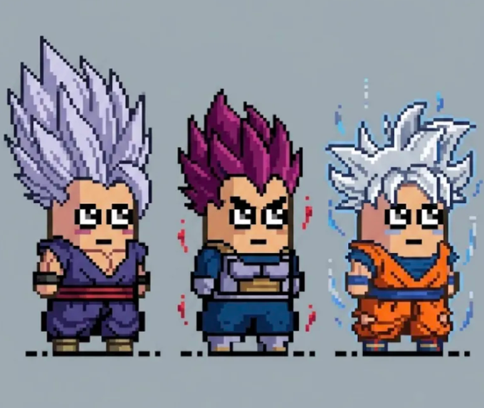 Pixel-art fan art of three Dragon Ball Super character forms: Beast Gohan (silver hair), Goku Ultra Instinct (silver hair aura), and Goku Super Saiyan God (red hair aura).