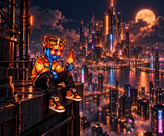 A pixel-art style digital illustration of a blue-skinned character wearing a VR-style headset and orange jacket, sitting on a rooftop ledge holding a glowing object, overlooking a futuristic neon-lit cyberpunk cityscape at night with a large moon.