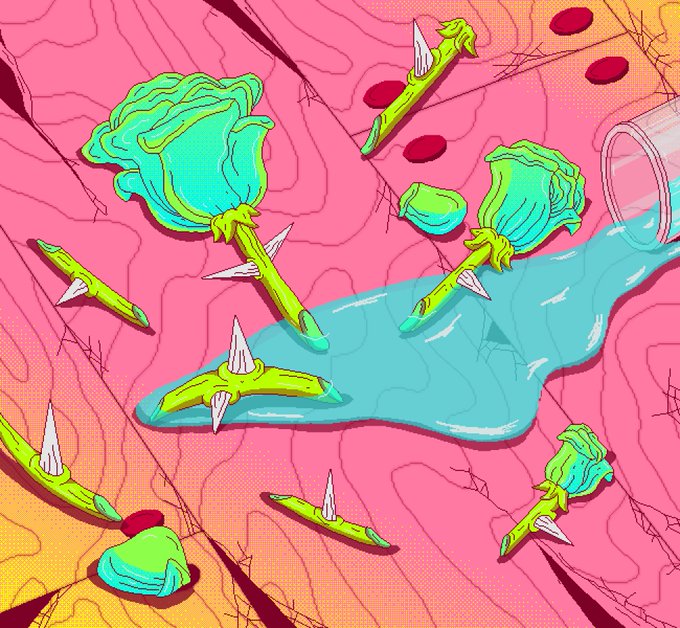 This pixel art illustrates "Disillusionment" with thorny roses and red pills spilling from a bottle into a pool of blue liquid. The artwork is featured in the #ICONÆ collection on objkt.com.