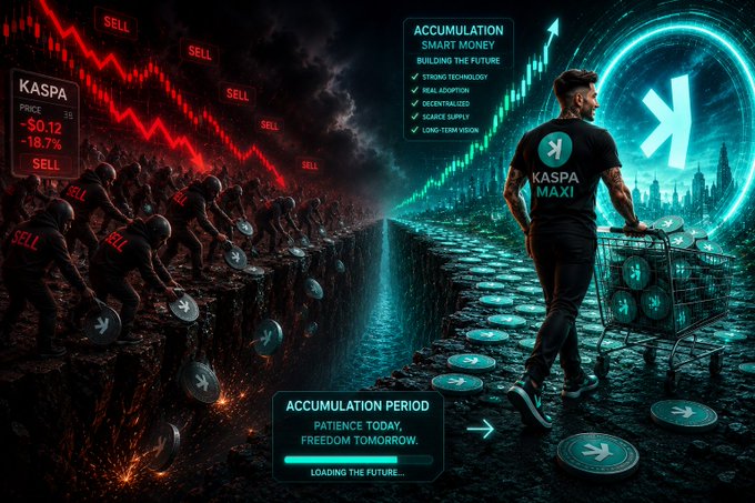 A split-scene image contrasts a red, chaotic left side filled with panicked figures and "SELL" signs alongside a Kaspa price drop of "-$0.12 / -18.7%" with a teal, futuristic right side where a figure in a "KASPA MAXI" shirt calmly pushes a shopping cart to collect coins, accompanied by text like "ACCUMULATION SMART MONEY BUILDING THE FUTURE" and "ACCUMULATION PERIOD: PATIENCE TODAY, FREEDOM TOMORROW." The visual reinforces the post's message of buying the dip with conviction while others panic.