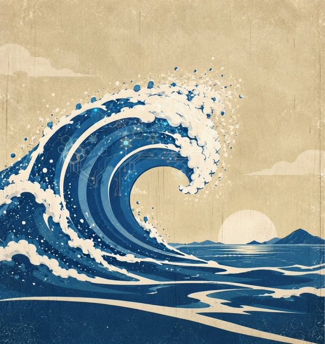 A stylized Japanese woodblock print-inspired illustration of a large blue wave with circuit board patterns on a vintage beige background, featuring a sunset over mountains.