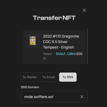 A user named @Mide_cryptsol receives a 2022 #131 Dragonite CGC 9.5 Silver Tempest - English NFT (Token ID: DU4Lf...L3Rn) transferred to their SNS Domain "mide.solflare.sol", as confirmed by the post celebrating the successful transfer.