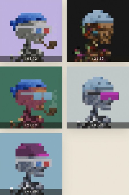 A grid of pixel art character portraits featuring figures with blue and purple hats and 3D glasses, labeled with token numbers like #0842, #2683, #2909, #8501, and #9659.