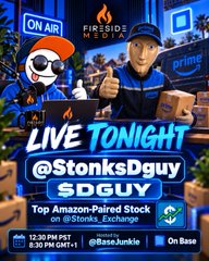 Promotional graphic for a Fireside Media live stream event titled 'LIVE TONIGHT' featuring '@StonksDgy $DGUY', advertising it as a 'Top Amazon-Paired Stock' streaming at 12:30 PM PST on @Base.Junkie.