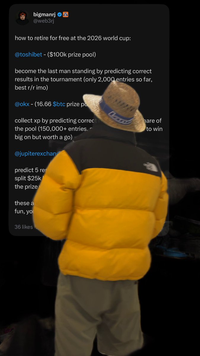 The image features a person wearing a yellow jacket, hat, and shorts standing against a black background with a computer screen behind them displaying text. The text includes mentions of "bigmas", "@ToshiBet", "@okx", "@JupiterExchange", and "@r". It seems that the person is engaged in a conversation or discussion related to these topics on social media platforms, possibly sharing their thoughts about the content displayed on the screen.