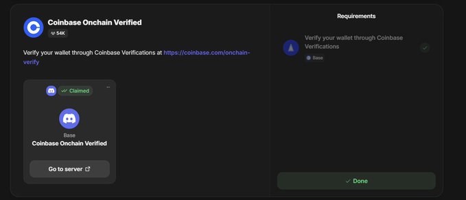 "Coinbase Onchain Verified" is a Discord role that allows you to verify your wallet through Coinbase. To get this role, you need to claim it by following these steps: 1) Go to Guild: guild.xyz/base/home#role 2) Complete the". Focus on what is in the image and how it relates to the post.