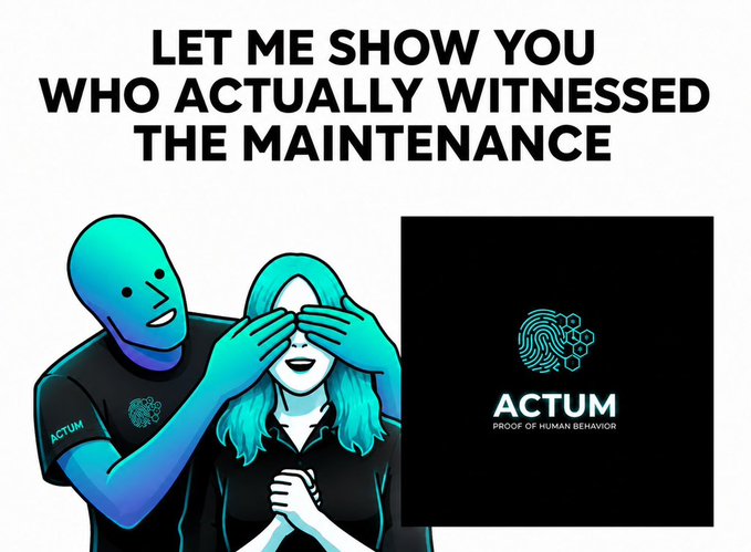 A meme-style image features cartoon figures with the text 'LET ME SHOW YOU WHO ACTUALLY WITNESSED THE MAINTENANCE' alongside the 'ACTUM - PROOF OF HUMAN BEHAVIOR' logo.