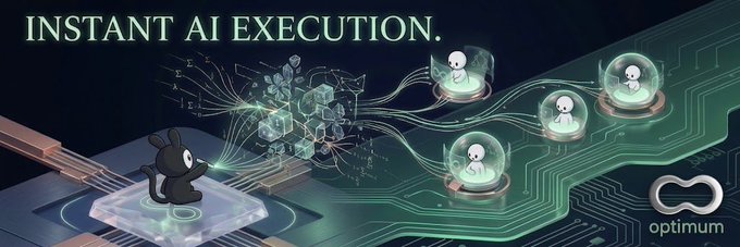 A promotional banner reading 'INSTANT AI EXECUTION.' by 'optimum' shows a cartoon black character on a circuit board with an AI cube projecting beams into multiple ghost-like figures in bubbles.