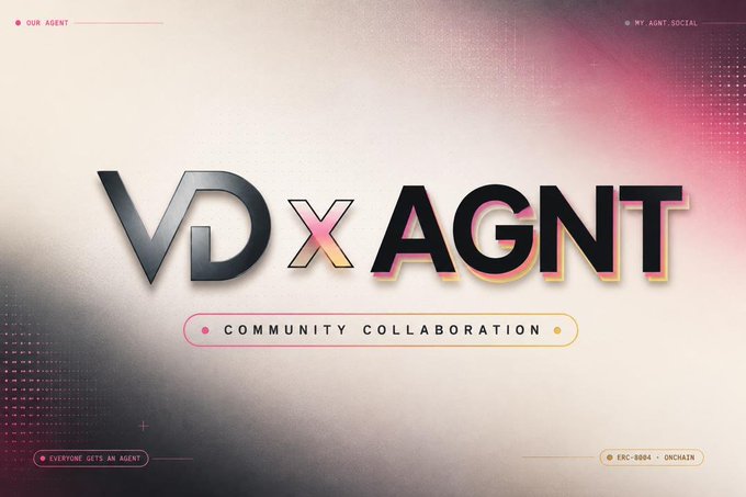 A promotional graphic with the large text 'VD x AGNT COMMUNITY COLLABORATION' set against a textured gradient background with pink accents.