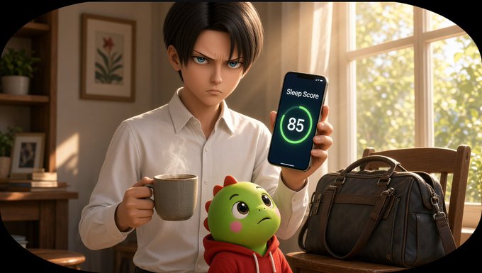 A 3D animated character in a white shirt holds a steaming mug and a smartphone displaying a 'Sleep Score' of 85, looking displeased next to a green dragon plushie.