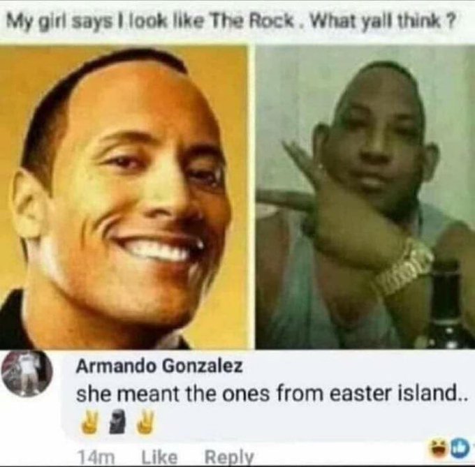A social media meme comparing a photo of Dwayne 'The Rock' Johnson to a man, captioned 'My girl says I look like The Rock. What yall think?', with a reply from Armando Gonzalez saying 'she meant the ones from easter island..'