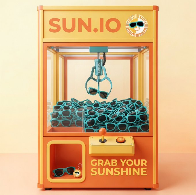 An orange and yellow arcade claw machine branded "SUN.IO" is filled with teal sunglasses, featuring a sun logo with sunglasses and the slogan "GRAB YOUR SUNSHINE".