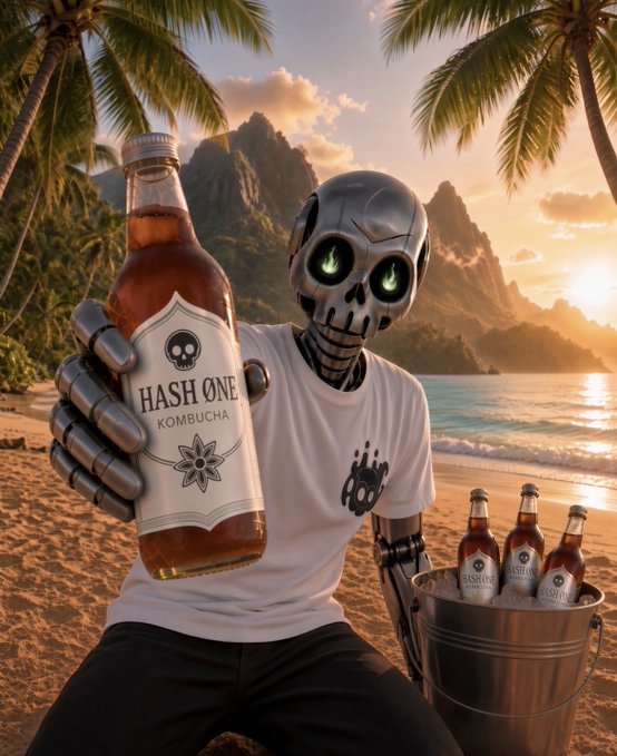 An AI-generated image of a robotic skeleton with glowing green eyes, wearing a white t-shirt, sitting on a tropical beach at sunset while holding up a bottle of 'Hash One Kombucha,' with a bucket full of more bottles beside it.