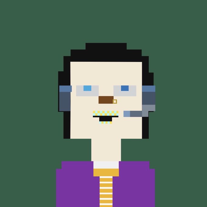 A pixel art portrait of a man with dark hair, blue eyes, a cigar, and a gold tooth, wearing a purple shirt and yellow striped tie against a green background.