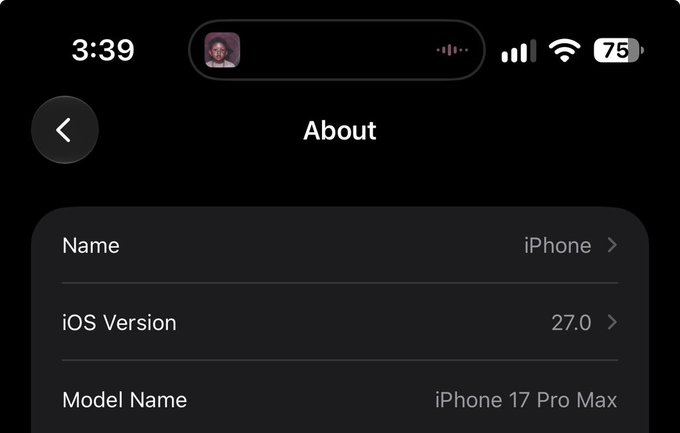 The screenshot shows an iPhone's "About" settings page displaying a device named "iPhone" running iOS Version 27.0 on an "iPhone 17 Pro Max." The image likely relates to the post as proof of having the latest, most advanced iPhone model, which could be seen as flexing wealth or status to attract engagement in a giveaway-style post offering 0.1 sol (Solana cryptocurrency).