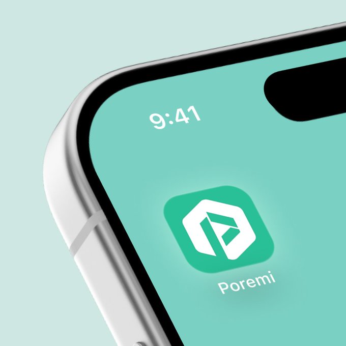 The image shows a close-up of a smartphone displaying the time "9:41" and a green app icon labeled "Poremi" on its home screen. This ties to the post's claim of Poremi being a single app that enables users to earn USDT daily.