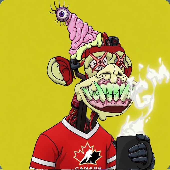 A grotesque cartoon figure with an exposed brain, googly eye, and green jagged teeth wears a red "CANADA" hockey jersey, holding a steaming mug—a playful nod to the author's morning in Vancouver before heading to the Island.
