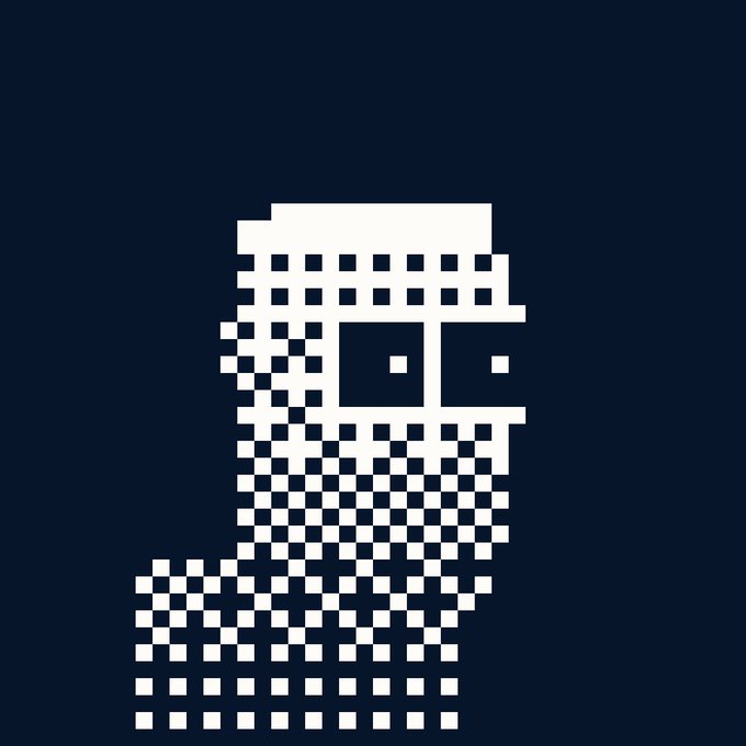 A pixelated figure wearing sunglasses and a keffiyeh-like covering, with a checkered dissolving effect, on a dark blue background.
