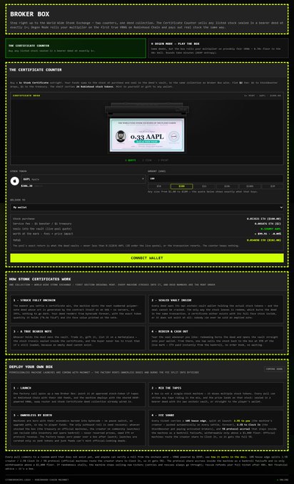 The image displays a "BROKER BOX" interface on the $STONKBROKER website, featuring a certificate counter for buying/selling tokenized stocks, with an example "0.33 AAPL" Apple Inc. tokenized stock certificate worth $4,802,544 displayed on a digital screen. The interface includes wallet connection options, various stock purchase packages ($2,000, $10,000, $30,000), and game mode instructions, all relating to the on-chain broker box mechanics described in the accompanying post.