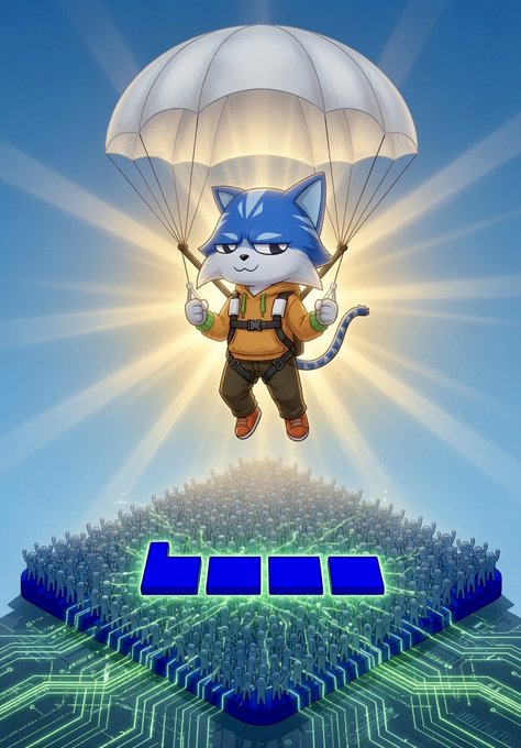 An illustration of a blue cartoon cat parachuting down above a large blue processor chip with the letters 'LMAO' displayed on it, set against a sky background.
